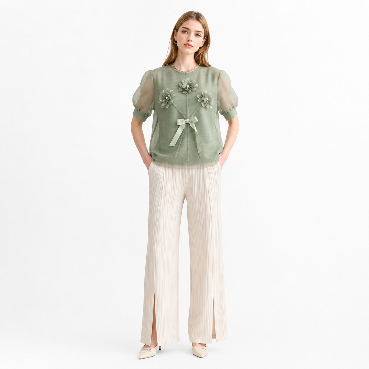 Plissert Topp til Dame med Organza Pufferm – Elegant 3D-Blomster Sommertopp