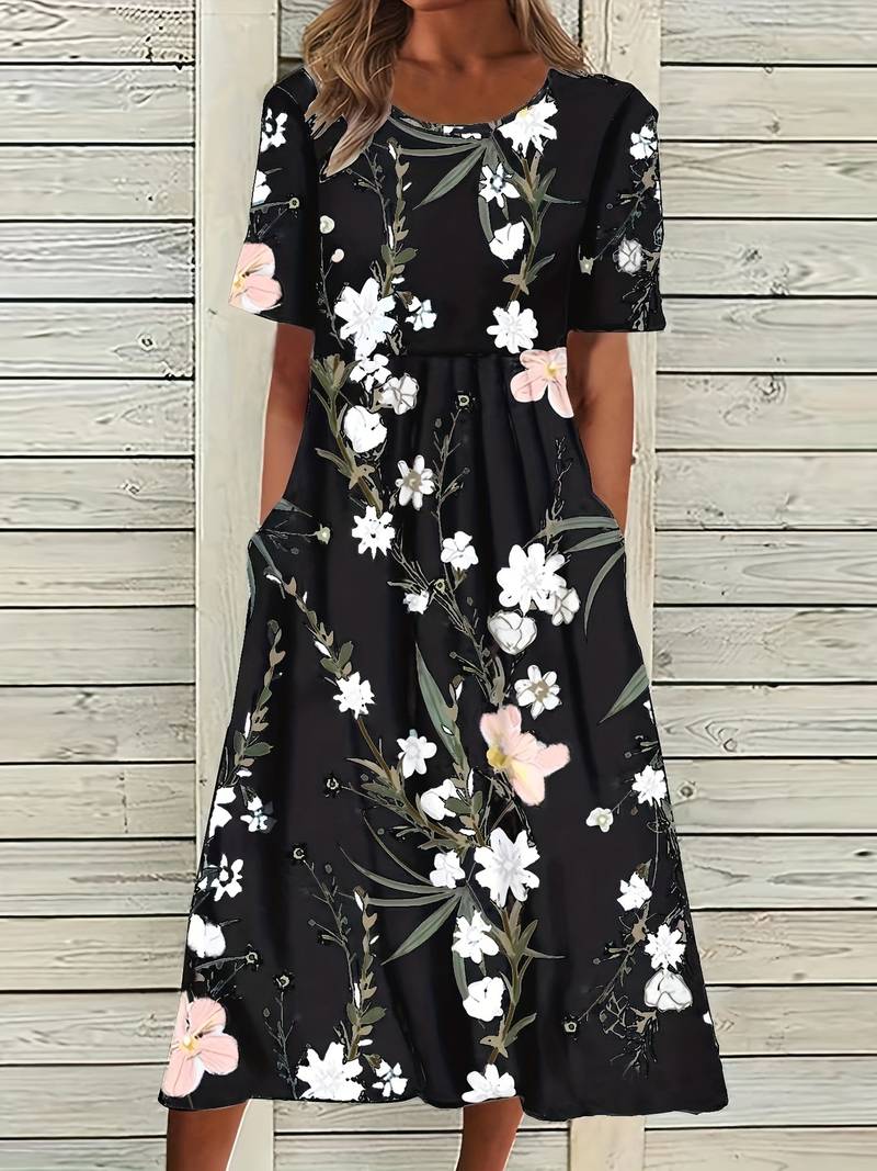 Kjole med høy midje og blomstertrykk