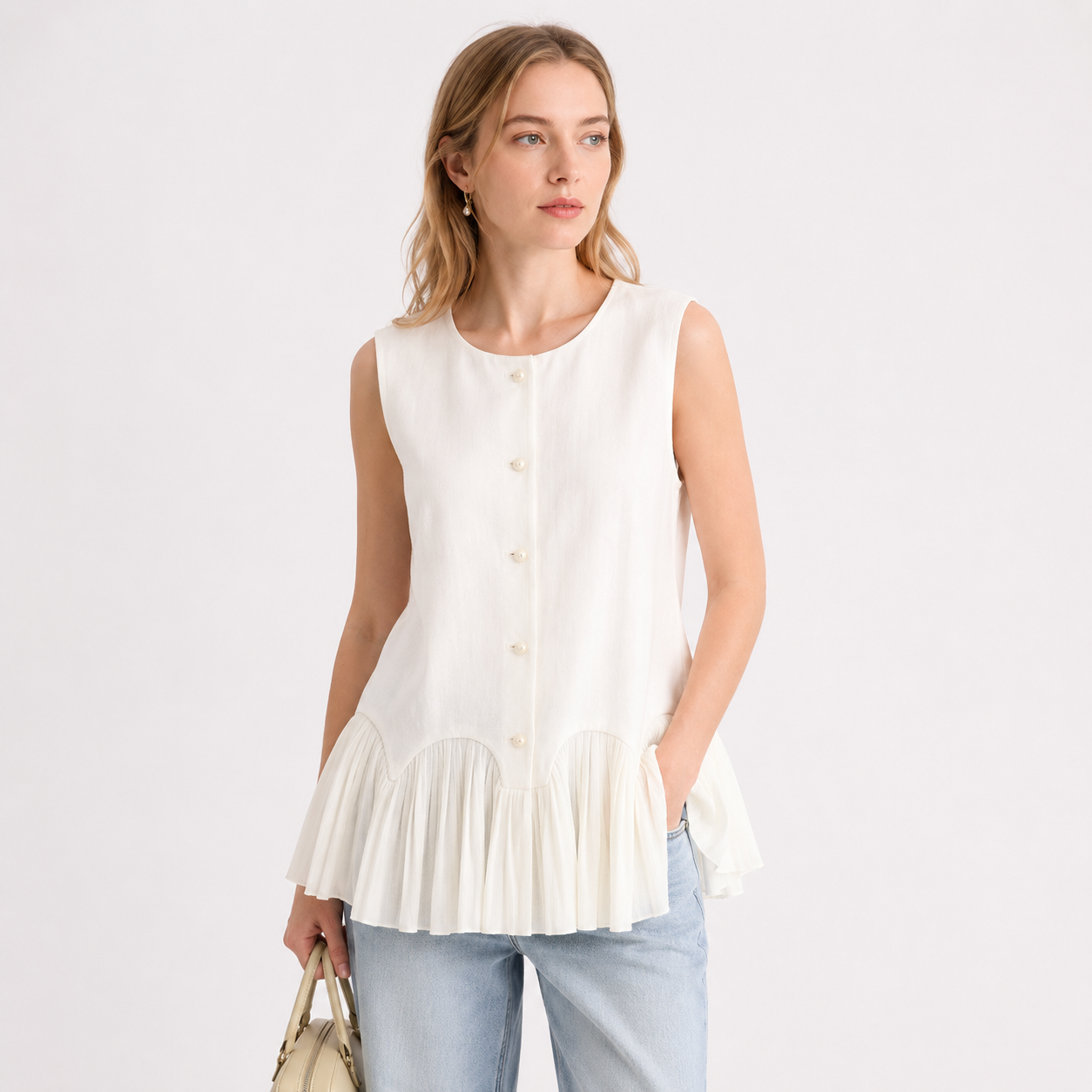 Ermeløs Topp til Dame – Vintage-Inspirert Sommertopp med Elegant Design – Aprikos