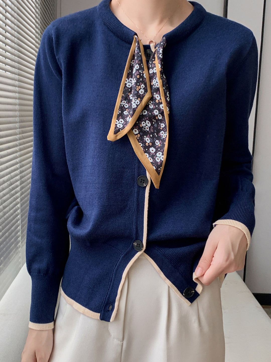 Strikket vintage-cardigan i bomull med rund hals