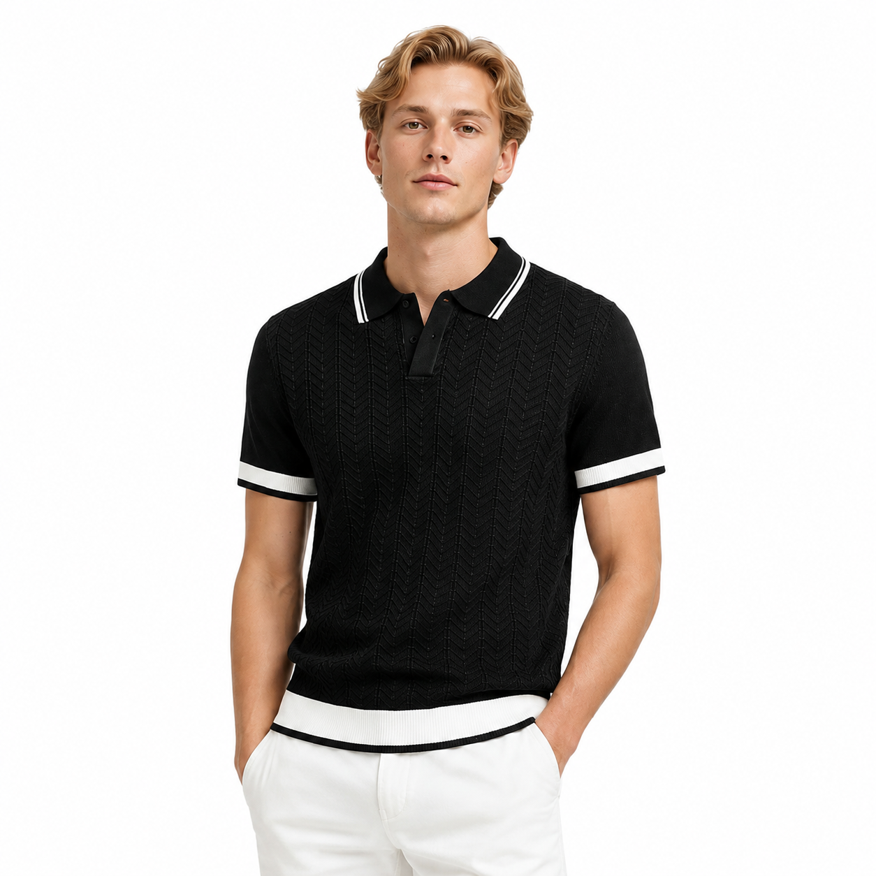 Strikket Polo for Herre med Struktur – Kortermet Business Casual i Color Block