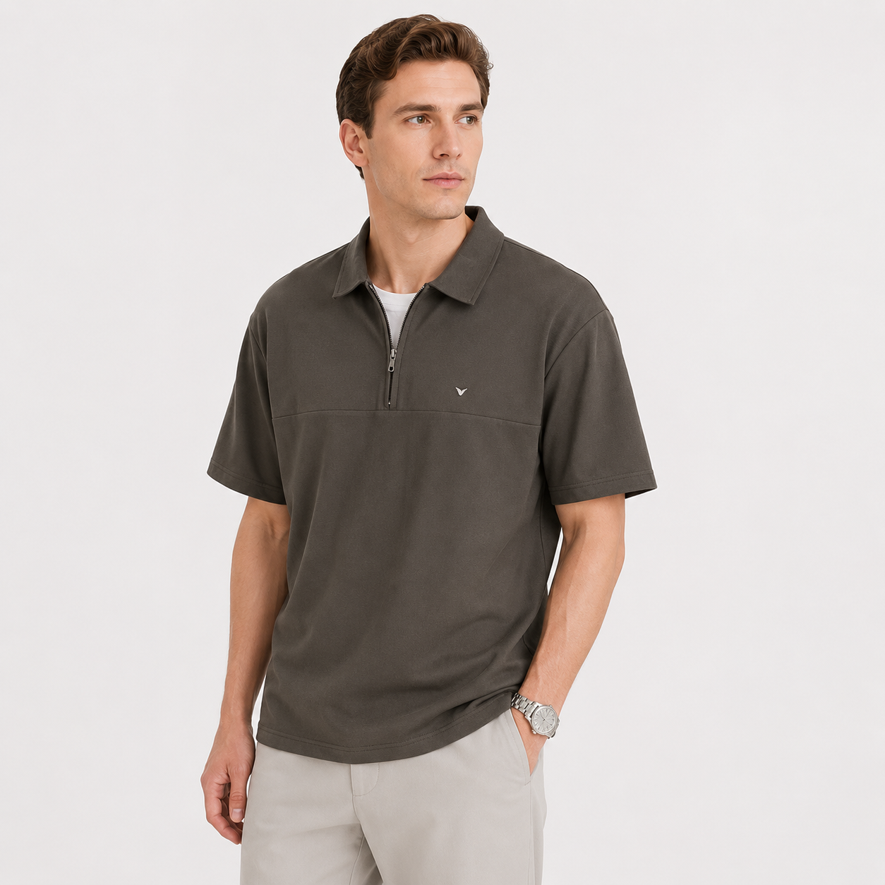 Pologenser til Herre med Halv Glidelås – Avslappet Vintage T-skjorte for Sommer