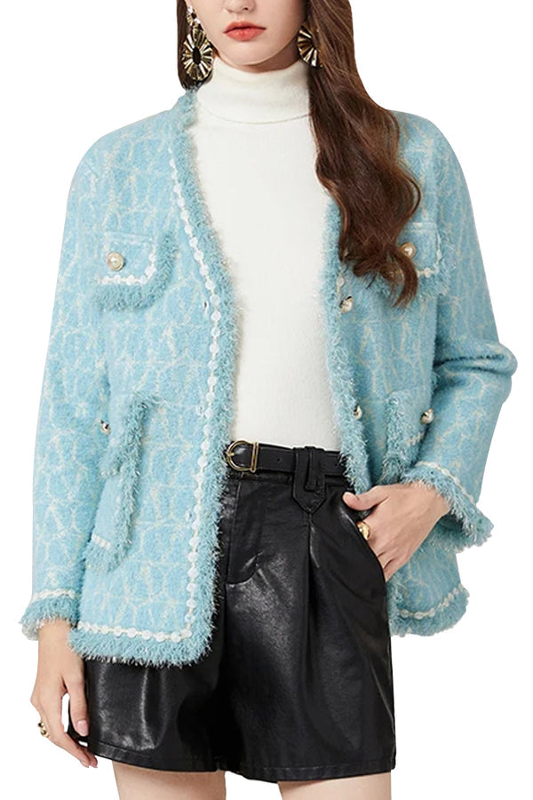 Strikket cardigan i lyseblå tweed