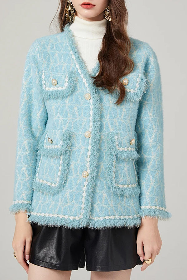 Strikket cardigan i lyseblå tweed