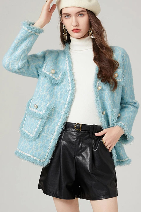 Strikket cardigan i lyseblå tweed