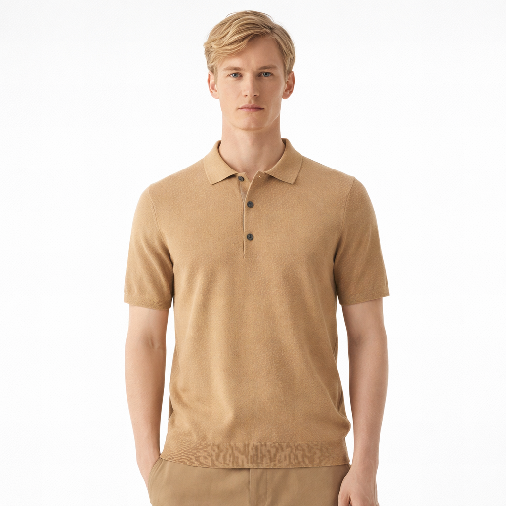 Merinoull Polo T-skjorte til Herre – 100% Merino, Strikket & Lett Sommerstil – Kamel