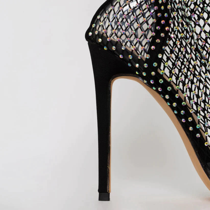 Ankelstøvler i netting med utsmykning av rhinestone