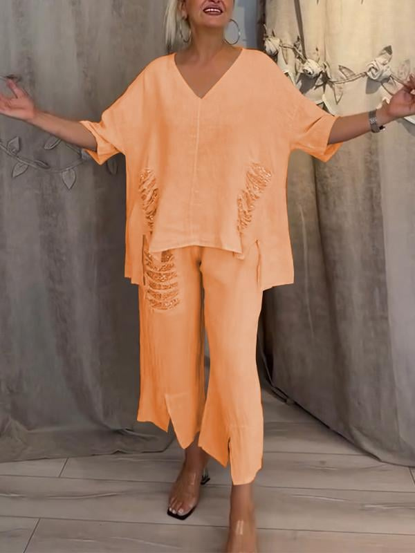 Anya | Todelt sett i lin med asymmetrisk topp med paljettkant og cropped bukser