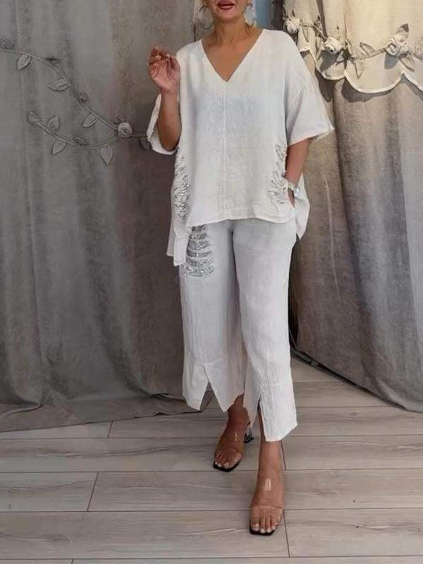 Anya | Todelt sett i lin med asymmetrisk topp med paljettkant og cropped bukser