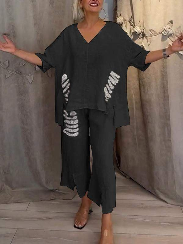 Anya | Todelt sett i lin med asymmetrisk topp med paljettkant og cropped bukser