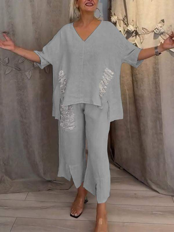 Anya | Todelt sett i lin med asymmetrisk topp med paljettkant og cropped bukser