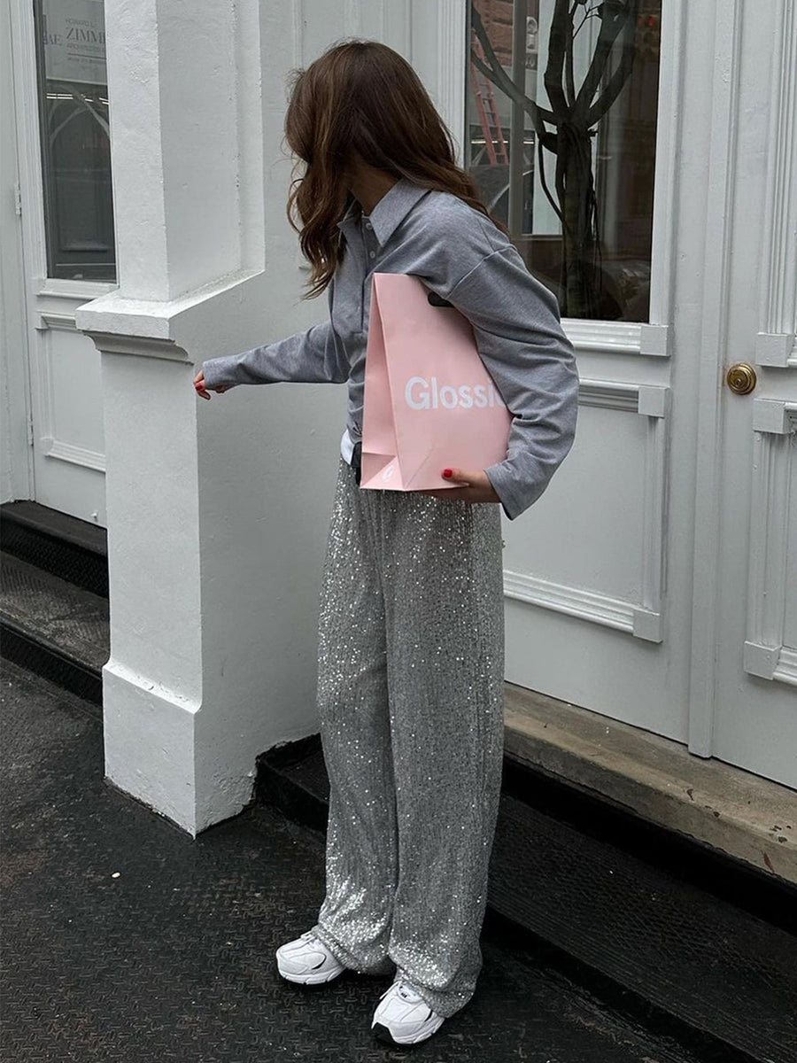 Oversized paljettbukser med rette ben