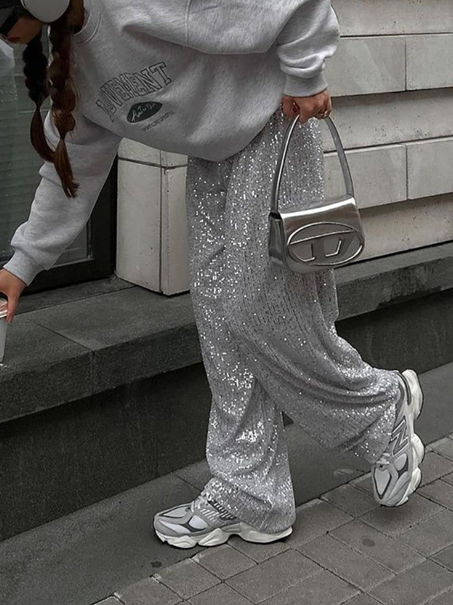 Oversized paljettbukser med rette ben