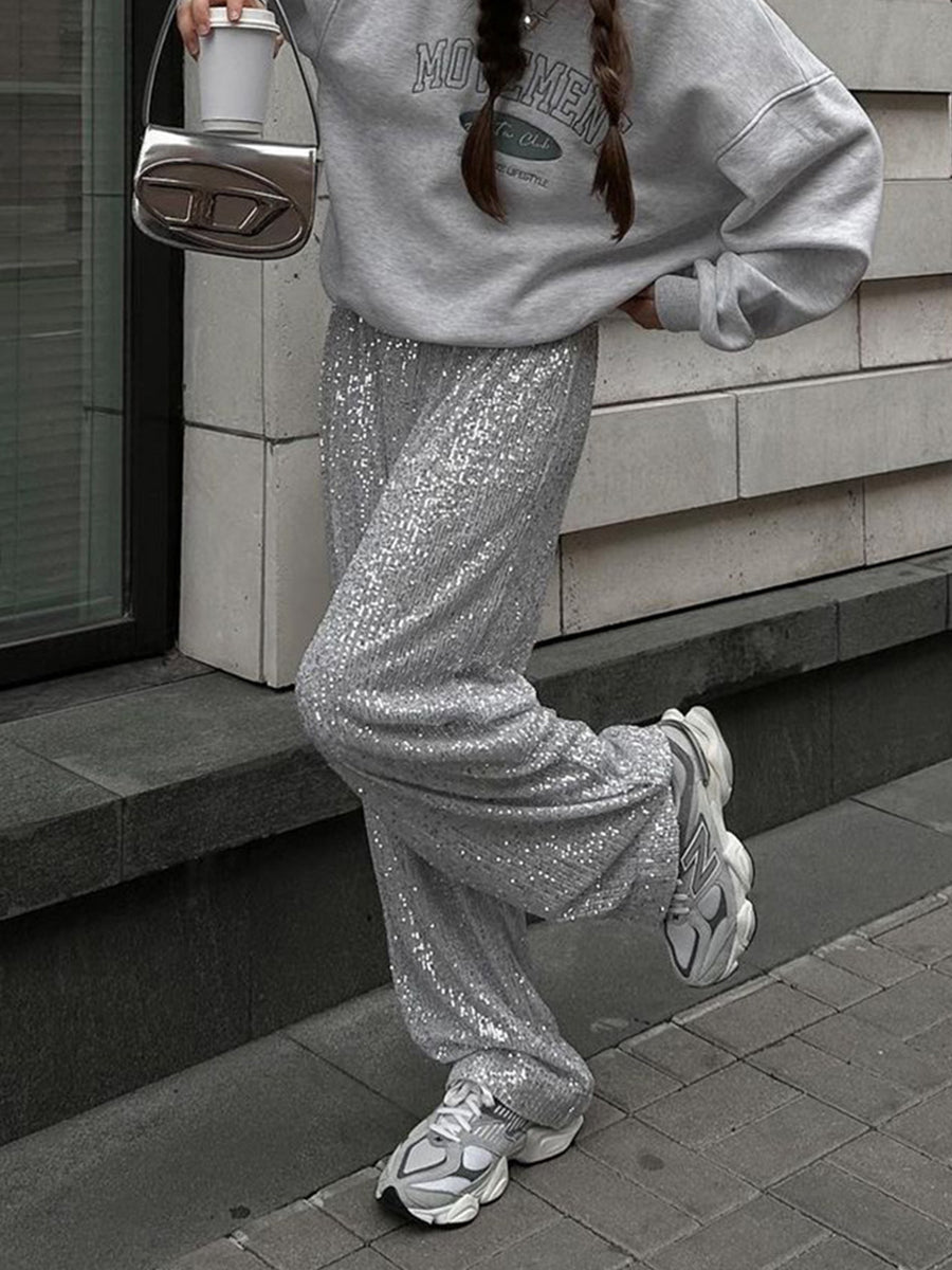 Oversized paljettbukser med rette ben