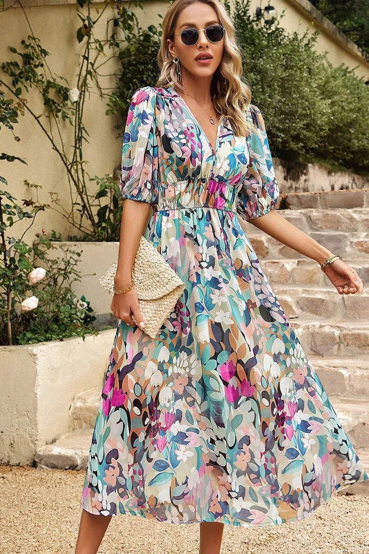 Blossom | Midikjole i chiffon med blomstermønster og puffermer
