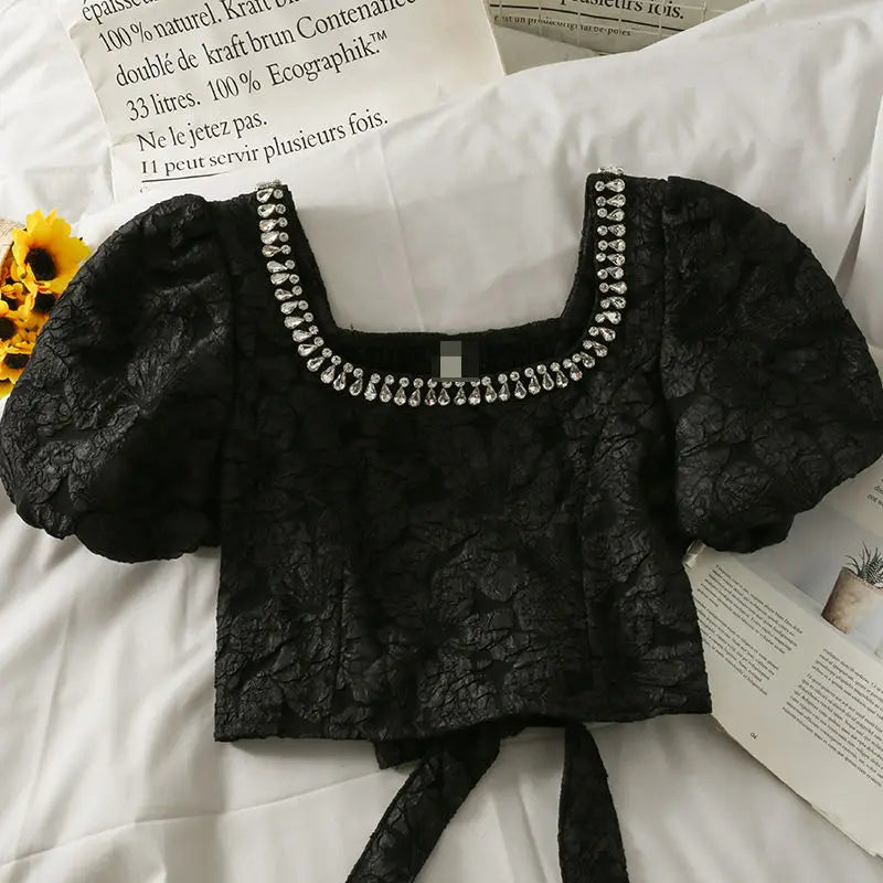 Fin sommerbluse med diamanter i koreansk stil