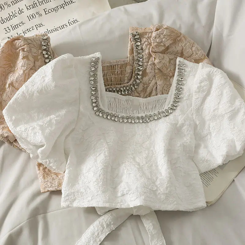 Fin sommerbluse med diamanter i koreansk stil
