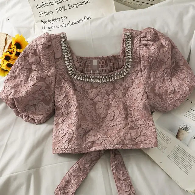 Fin sommerbluse med diamanter i koreansk stil