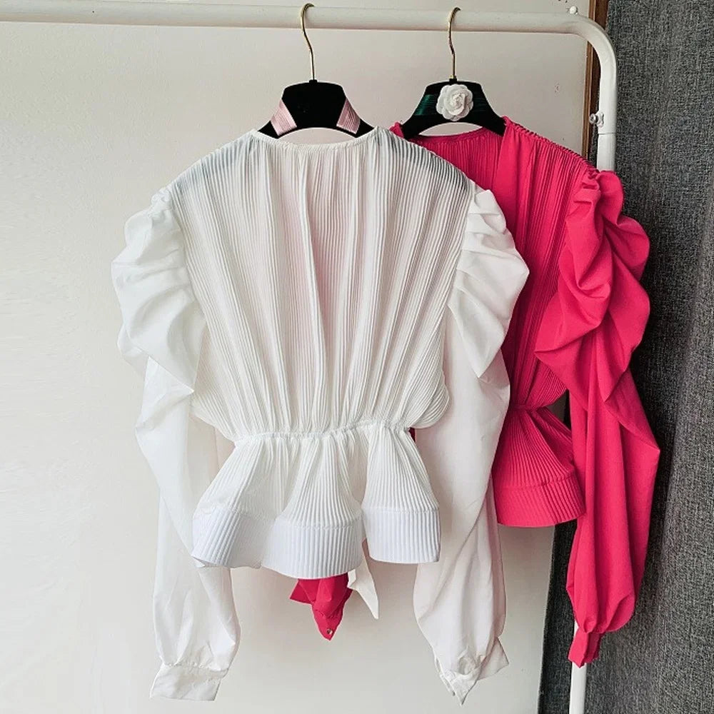 Hvit lang bluse med V-hals