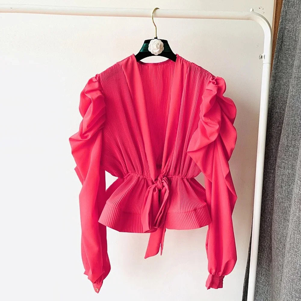 Hvit lang bluse med V-hals