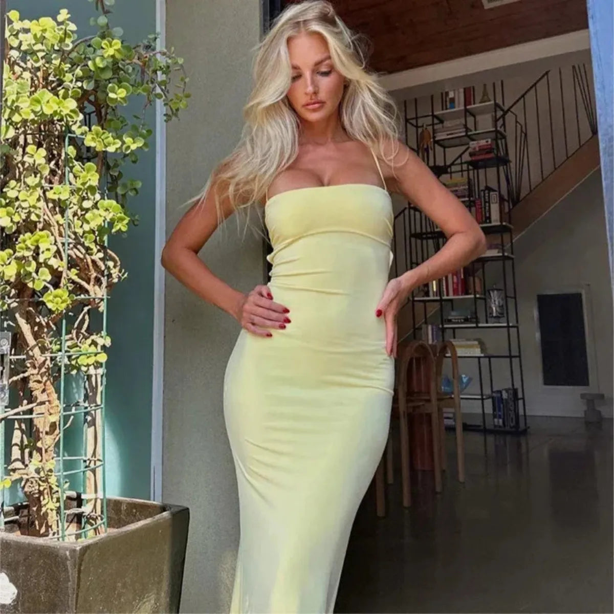 Gul Ryggløs Bodycon Sommer Fest Maxi Kjole