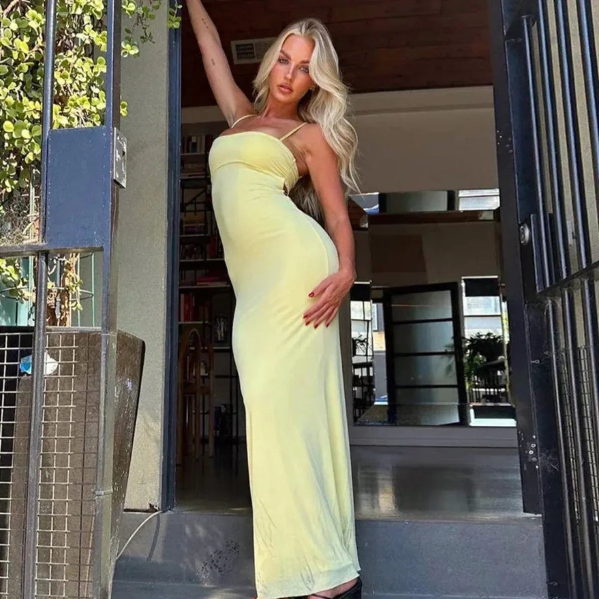 Gul Ryggløs Bodycon Sommer Fest Maxi Kjole