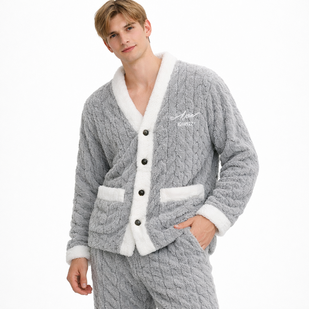 Herrepysjamas i korallfleece – varm 2-delt flanellsett (cardigan + bukse) for vinter