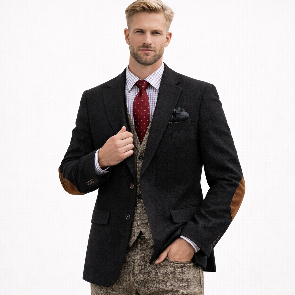 Vintage brun tweed dressjakke til herre – patchwork-design, smart business & bryllup (1-del)