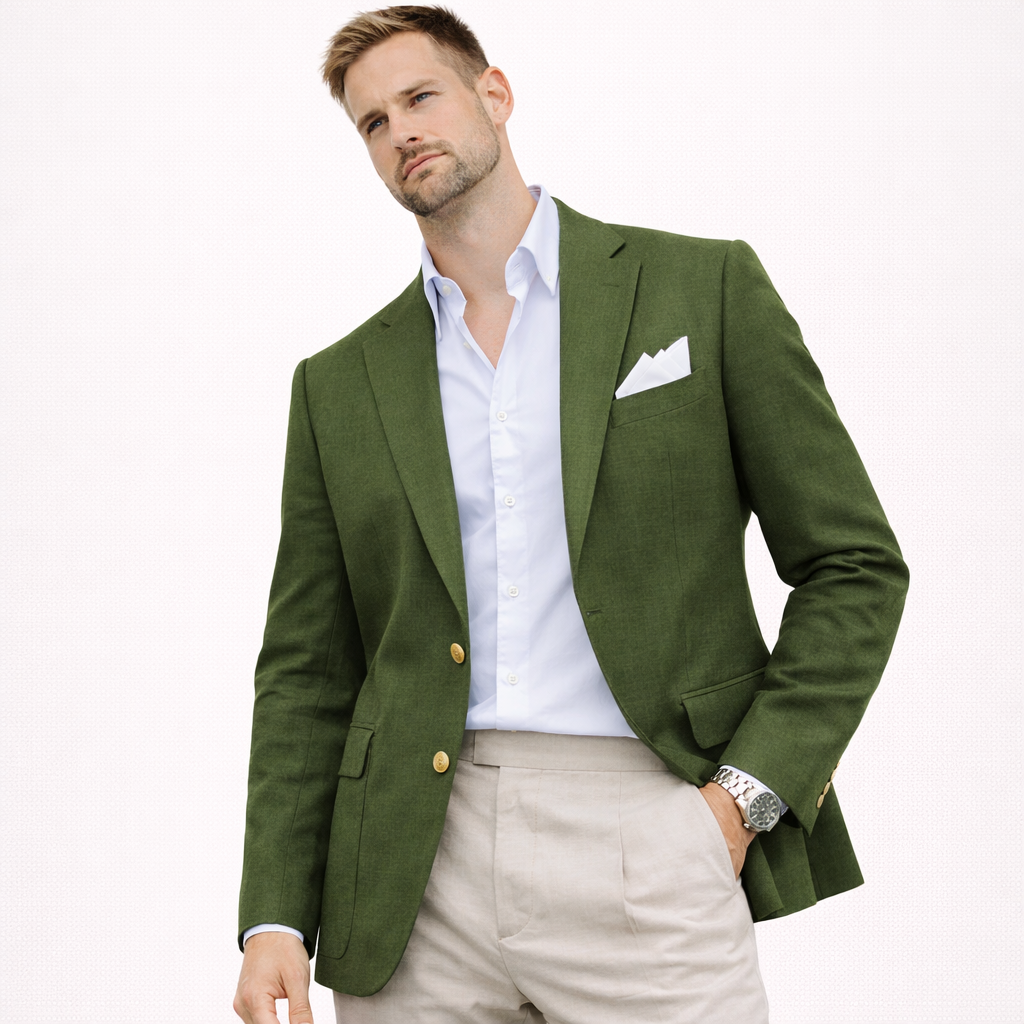 Herreblazer i lin – enkeltspent med notch lapel (kun jakke), casual bryllupsjakke