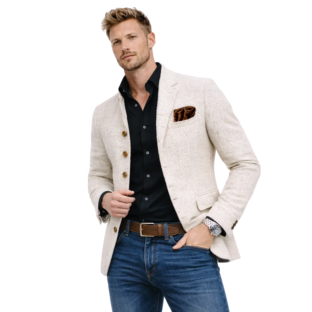Retro herrejakke med ståkrage – slim fit, ensfarget og teksturert (vårjakke med knapper) – 01 Hvit