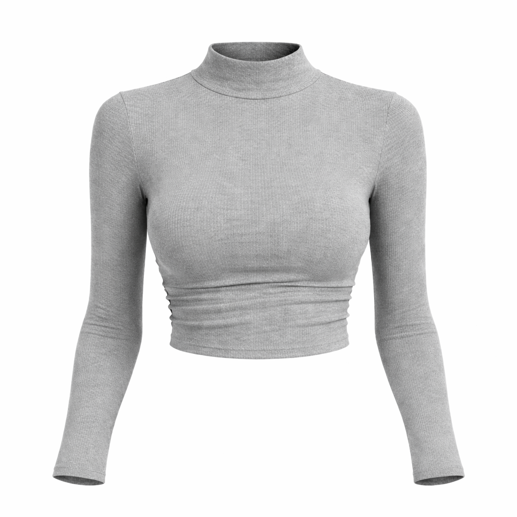 Dame Cropped Topp – Tettsittende Ribbestrikket Pologenser med Lange Ermer