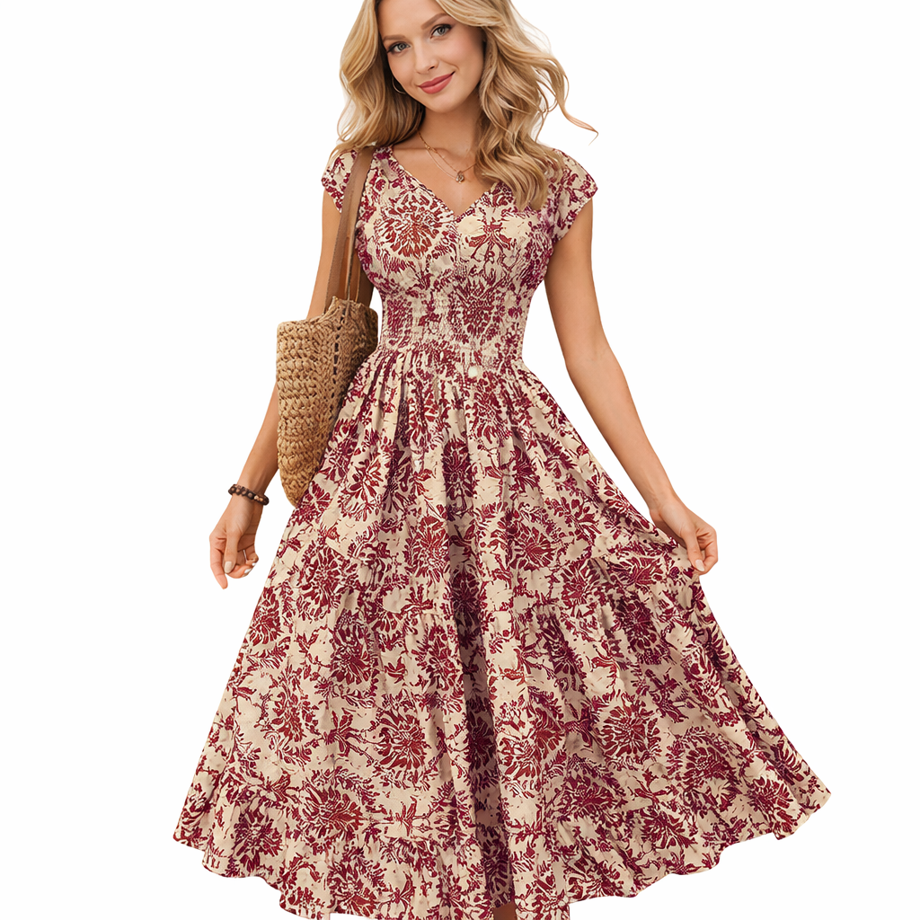 Retro Sommerkjole med Print – Elegant V-hals & Korte Ermer (Komfortabel Hverdagskjole)