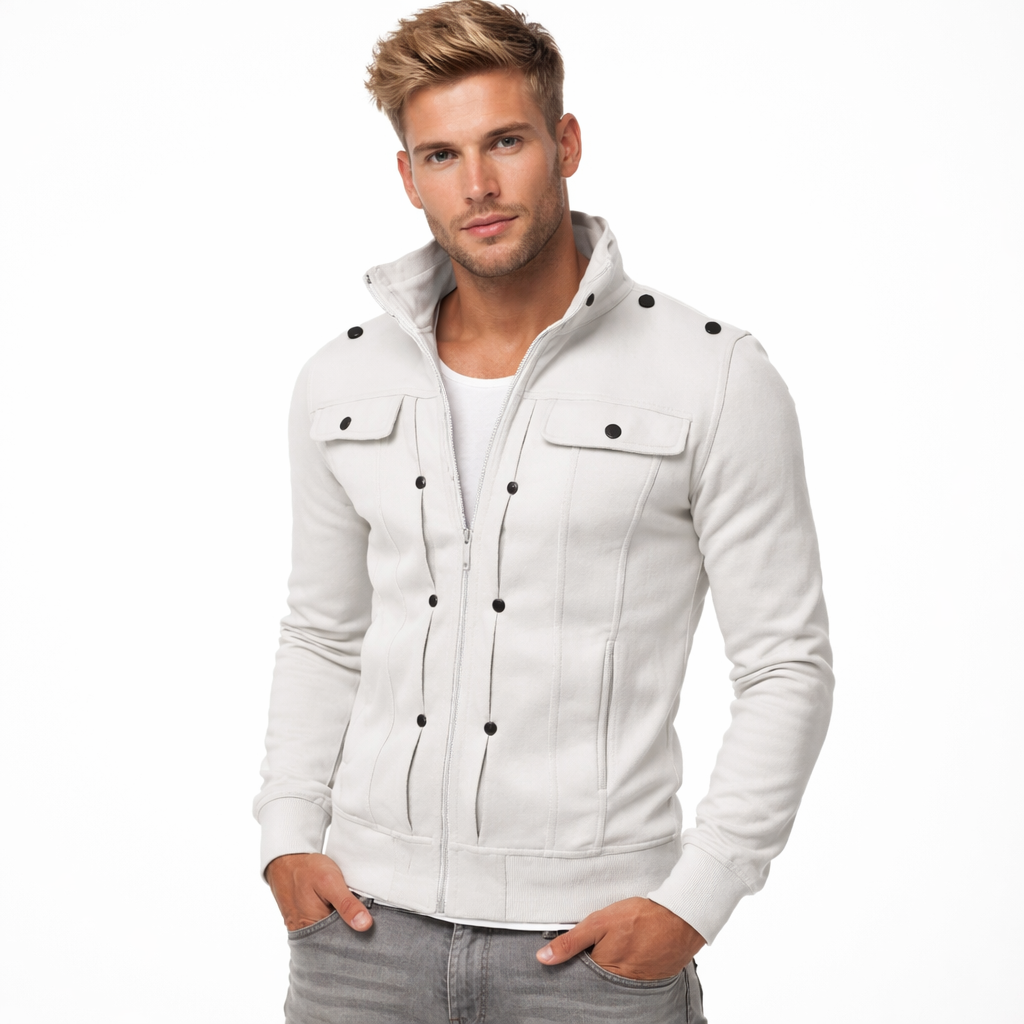 Stilren Herrejakke med Ståkrage – Lang Jakke med Glidelås og Knapper | Klassisk og Elegant til Vår og Høst