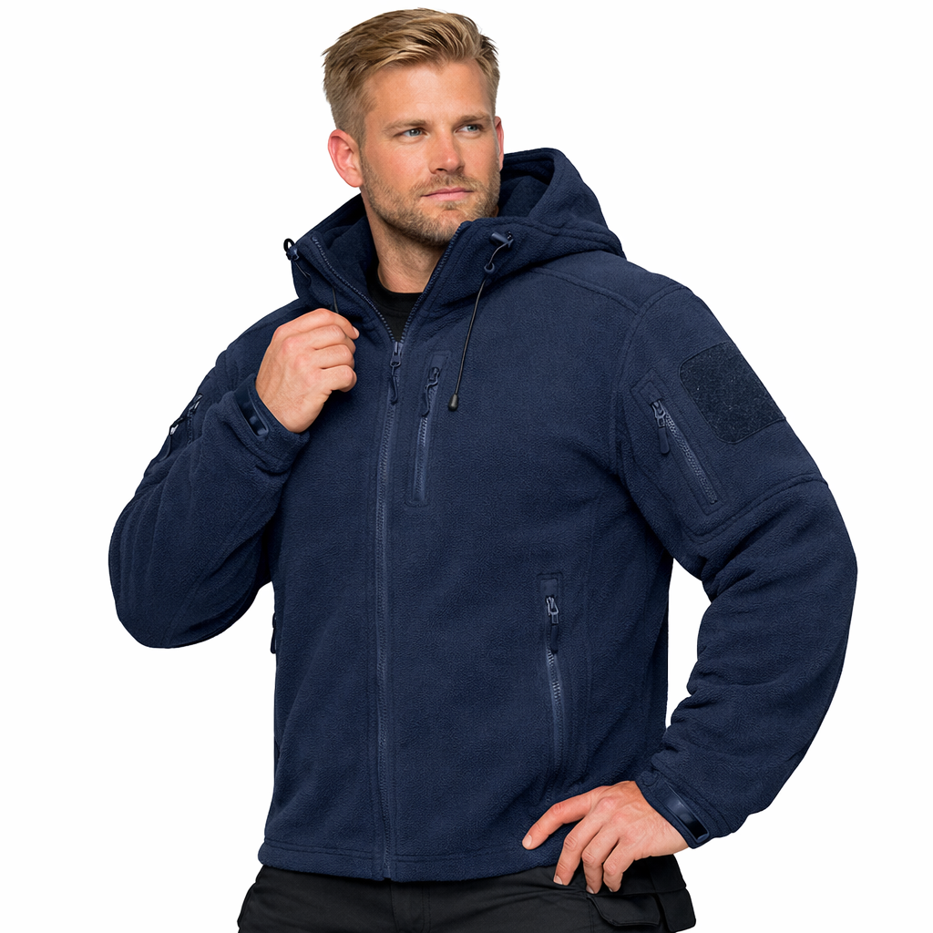 Herre Fleecejakke med Hette – Varm & Vindbeskyttende | Full-Zip Ytterjakke til Vår & Vinter – Marine