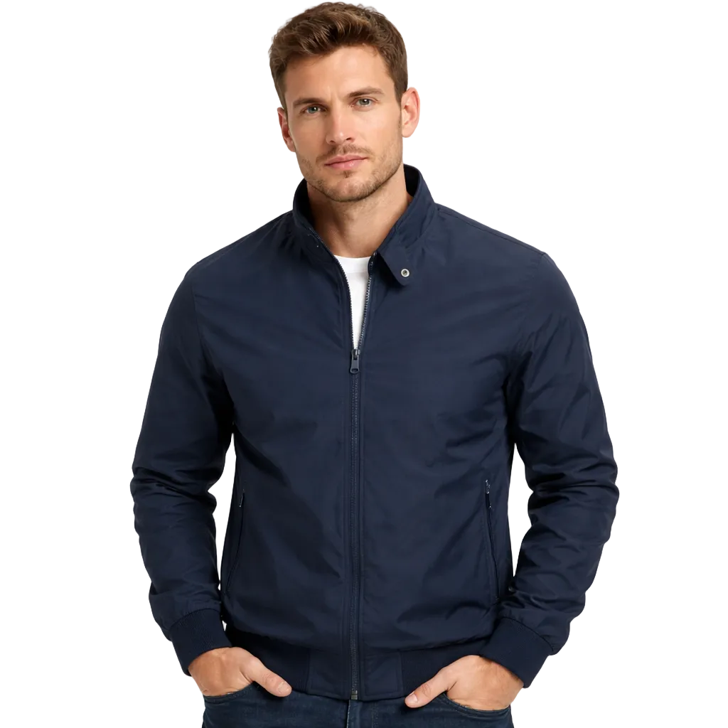 Herre Baseballjakke – Slim Fit Bomber | Ensfarget & Casual med Ståkrage – Marine