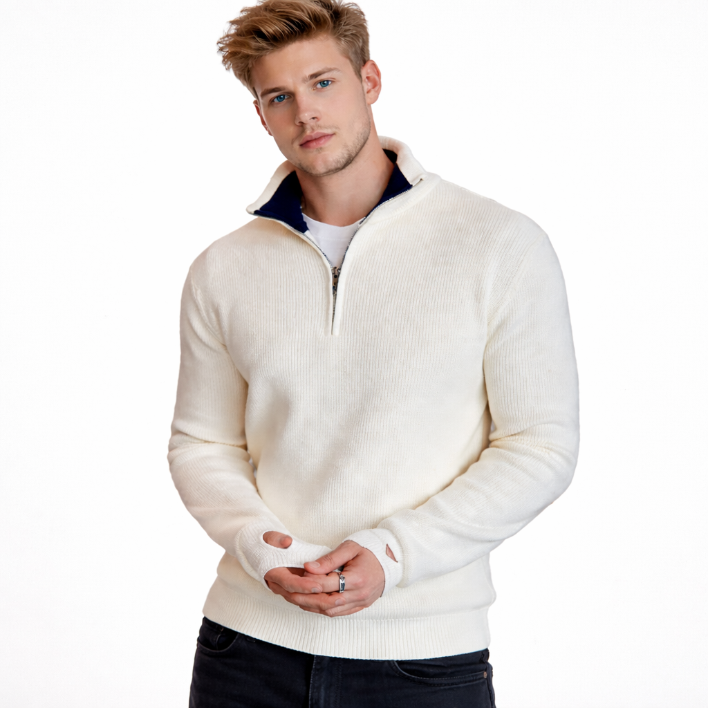 Herregenser med Halv Glidelås – Slim Fit Strikkegenser | Flerfarget Design & Ståkrage Høst/Vinter 2024 – Svart