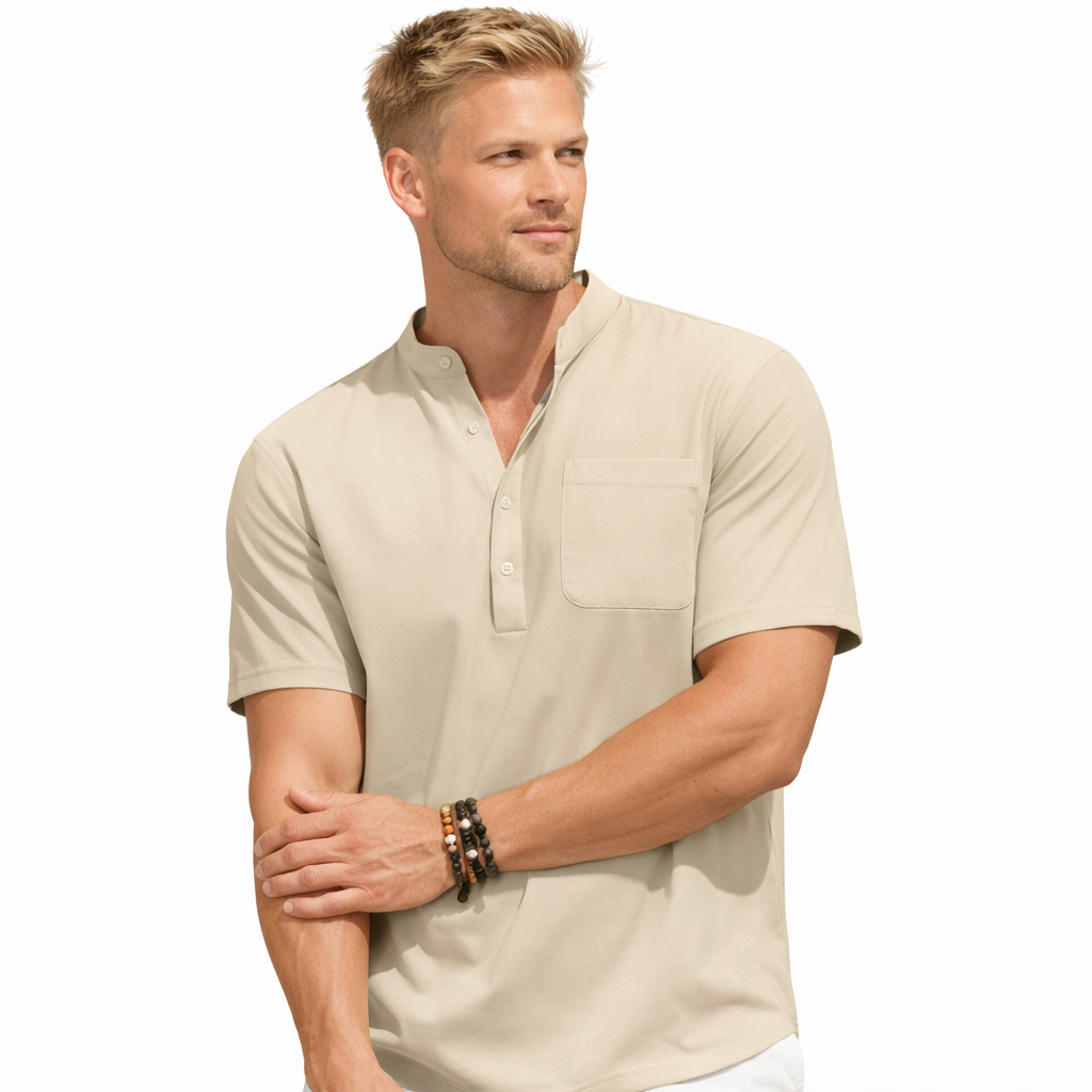 Sommerlig Herreskjorte med Kort Erm – Avslappet Henley Stil i Bomull med Lommer