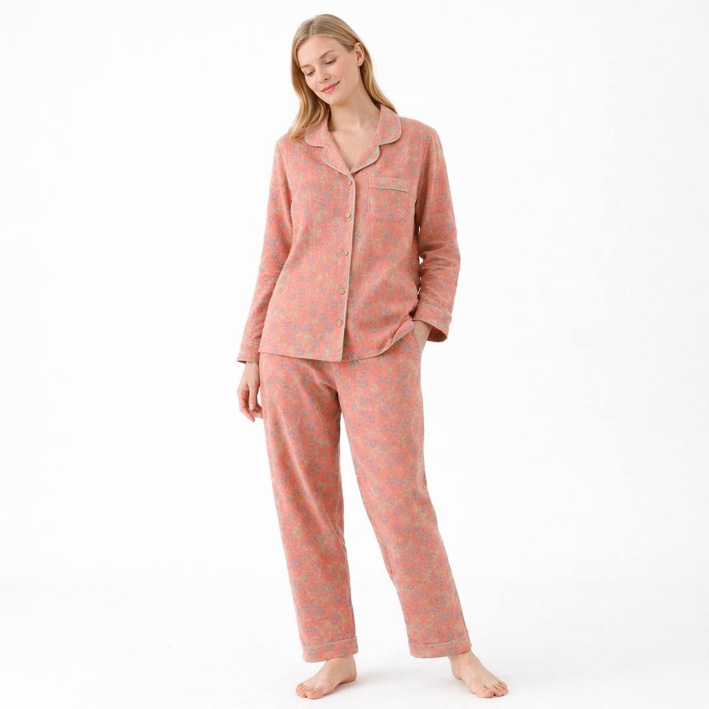 Jacquard Pysjamasett i Bomull (Garnfarget) – 2-delt Langermet Sett med Etnisk Mønster | Høst Loungewear