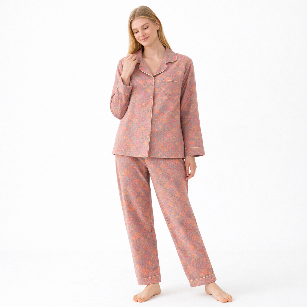 Jacquard Pysjamasett i Bomull (Garnfarget) – 2-delt Langermet Sett med Etnisk Mønster | Høst Loungewear