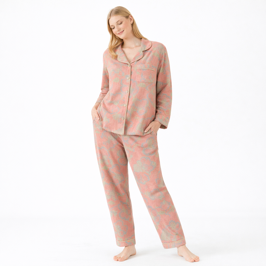 Jacquard Pysjamasett i Bomull (Garnfarget) – 2-delt Langermet Sett med Etnisk Mønster | Høst Loungewear