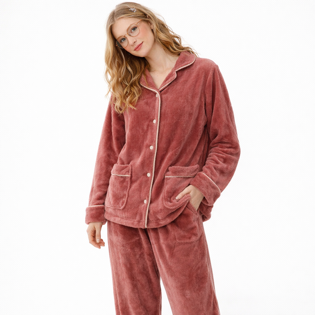 Varm Vinterpysj til Dame – 2-delt Sett i Tykk Flanell/Coral Fleece (Langermet) | Mykt Loungewear – KYJR-213353