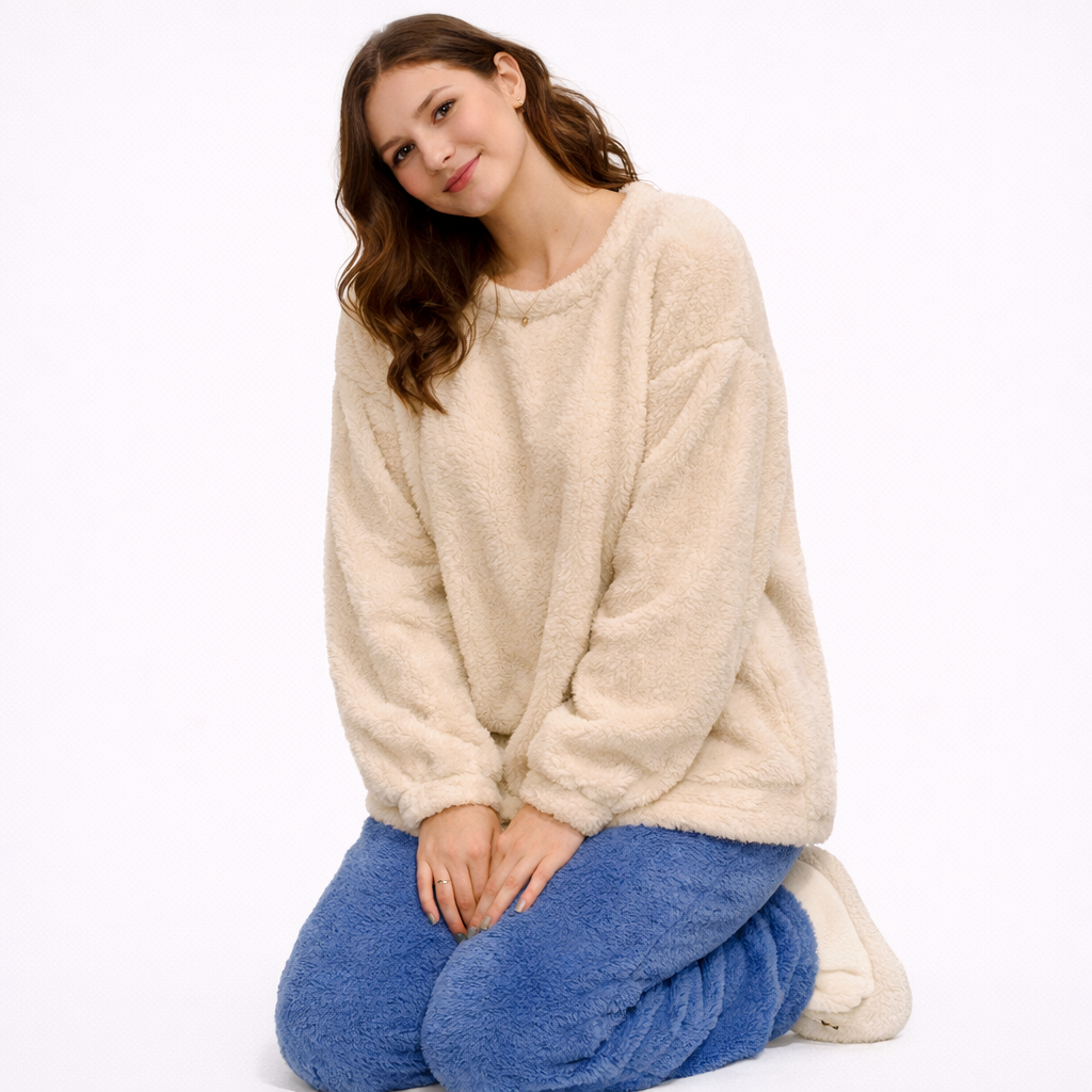 Fluffy Vinterpysj til Dame – 2-delt Fleece/Velour Sett (Ensfarvet) | Varm Flanell Loungewear