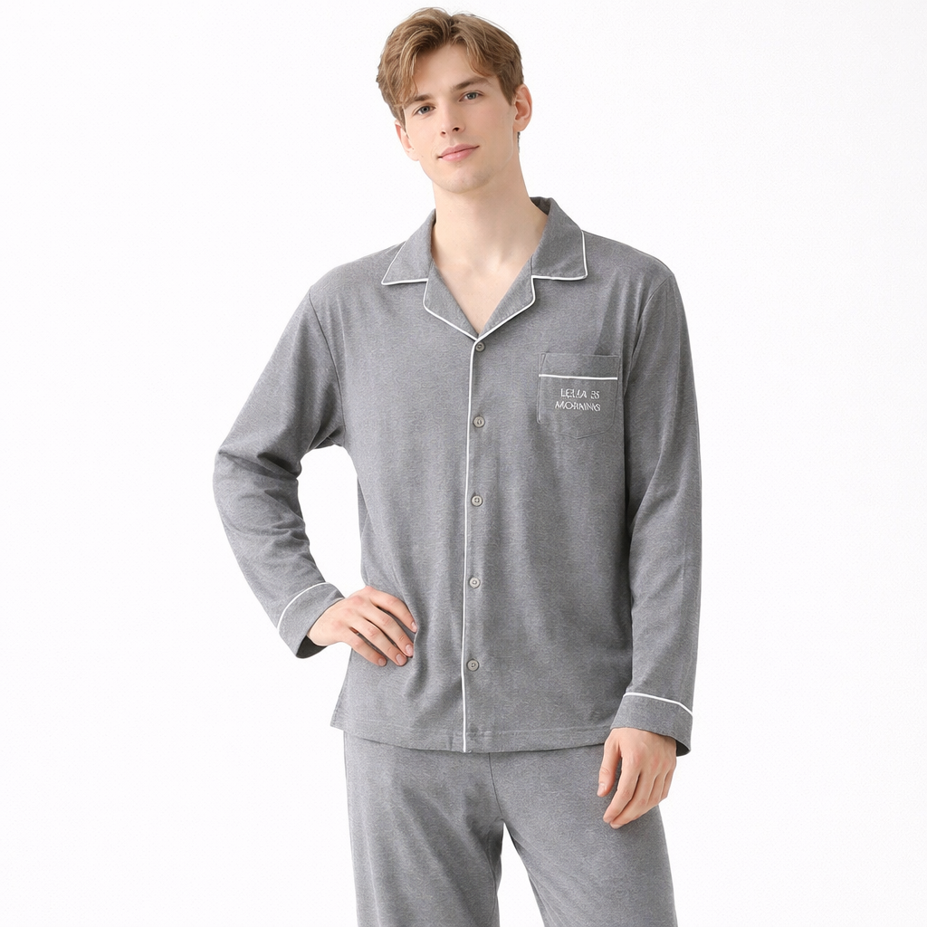 Herrepysjamas i Bomull – Grå Rutete 2-delt Sett med Krage (Turn-down Collar), Langermet | Loungewear (3XL)