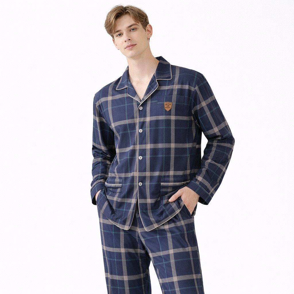 Herrepysjamas i Bomull – Grå Rutete 2-delt Sett med Krage (Turn-down Collar), Langermet | Loungewear (3XL)