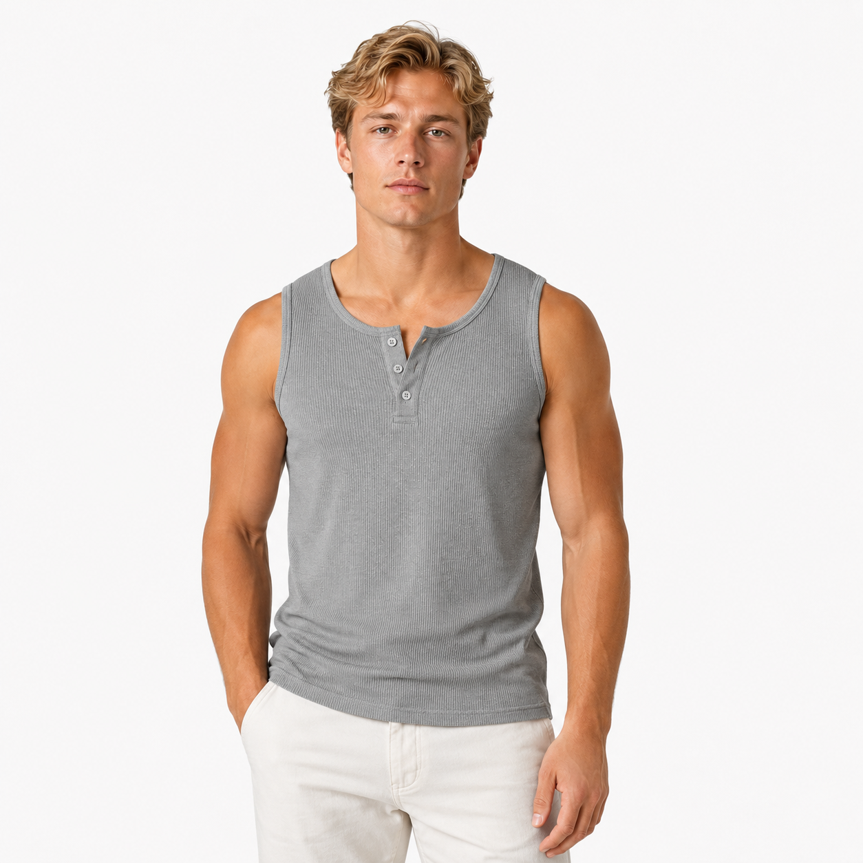 Ribbestrikket Henley Tank Topp til Herre – Ermeløs Topp med Knapper