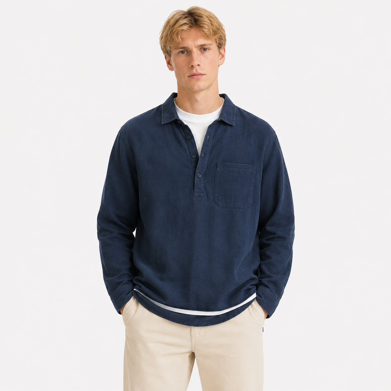 Linskjorte til Herre – Langermet Pullover med Firkantet Hals – Marineblå
