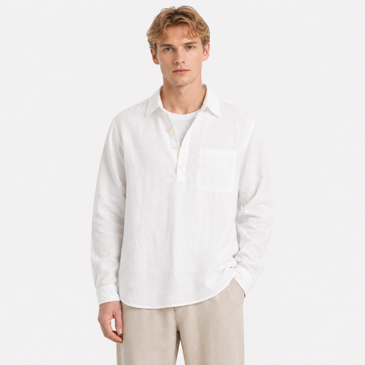 Linskjorte til Herre – Langermet Pullover med Firkantet Hals