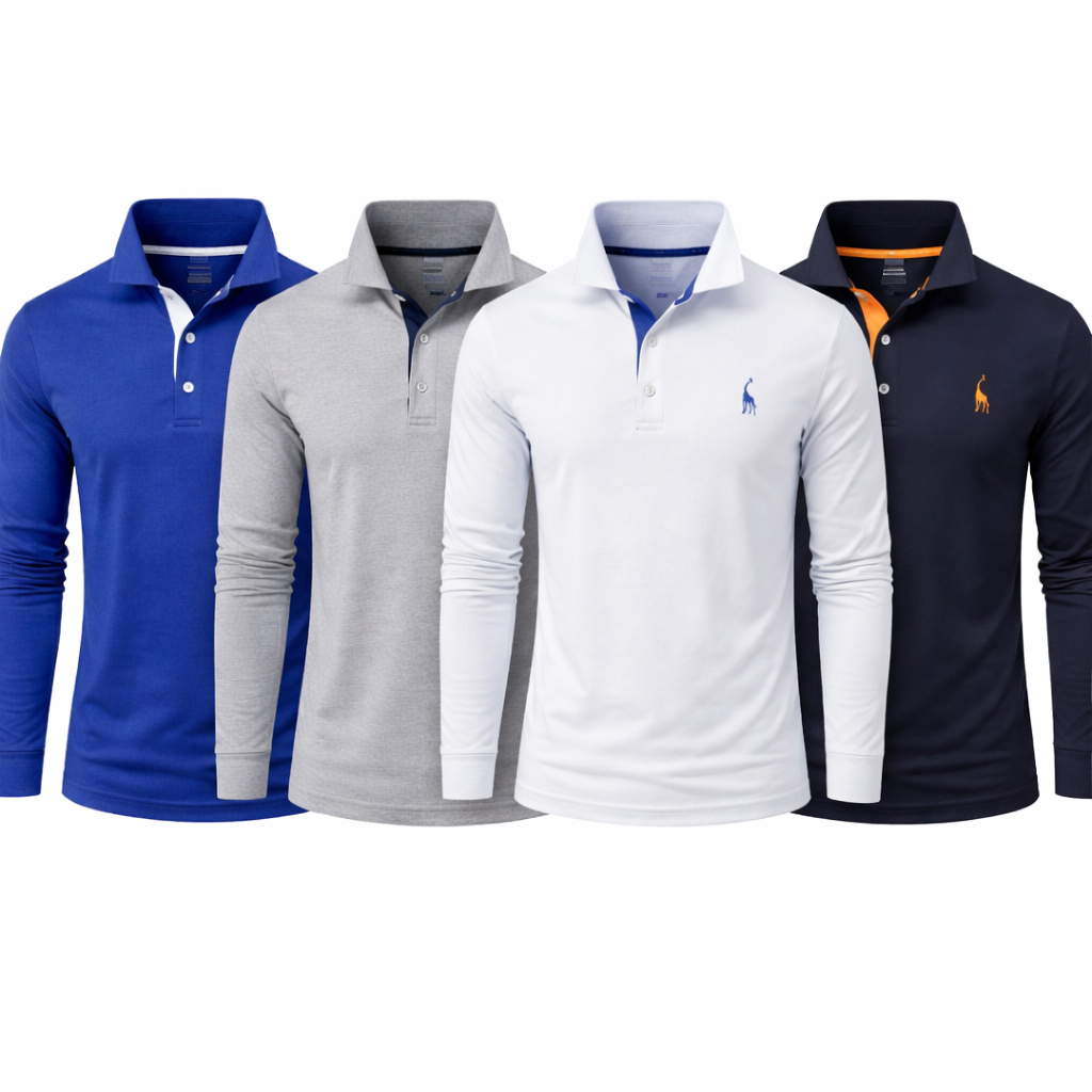 Langermet Pique Skjorte for Herre – Ensfarget med Brodert Hjort, Perfekt for Vår og Business Casual Pakke – Blå + Grå + Hvit + Marineblå-Oransje