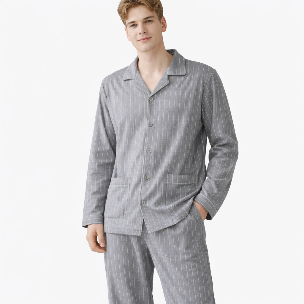 Herrepysjamas i Bomull – Rutete/Stripete 2-delt Sett med Krage (Turn-down Collar), Langermet | Høst/Vinter (3XL)