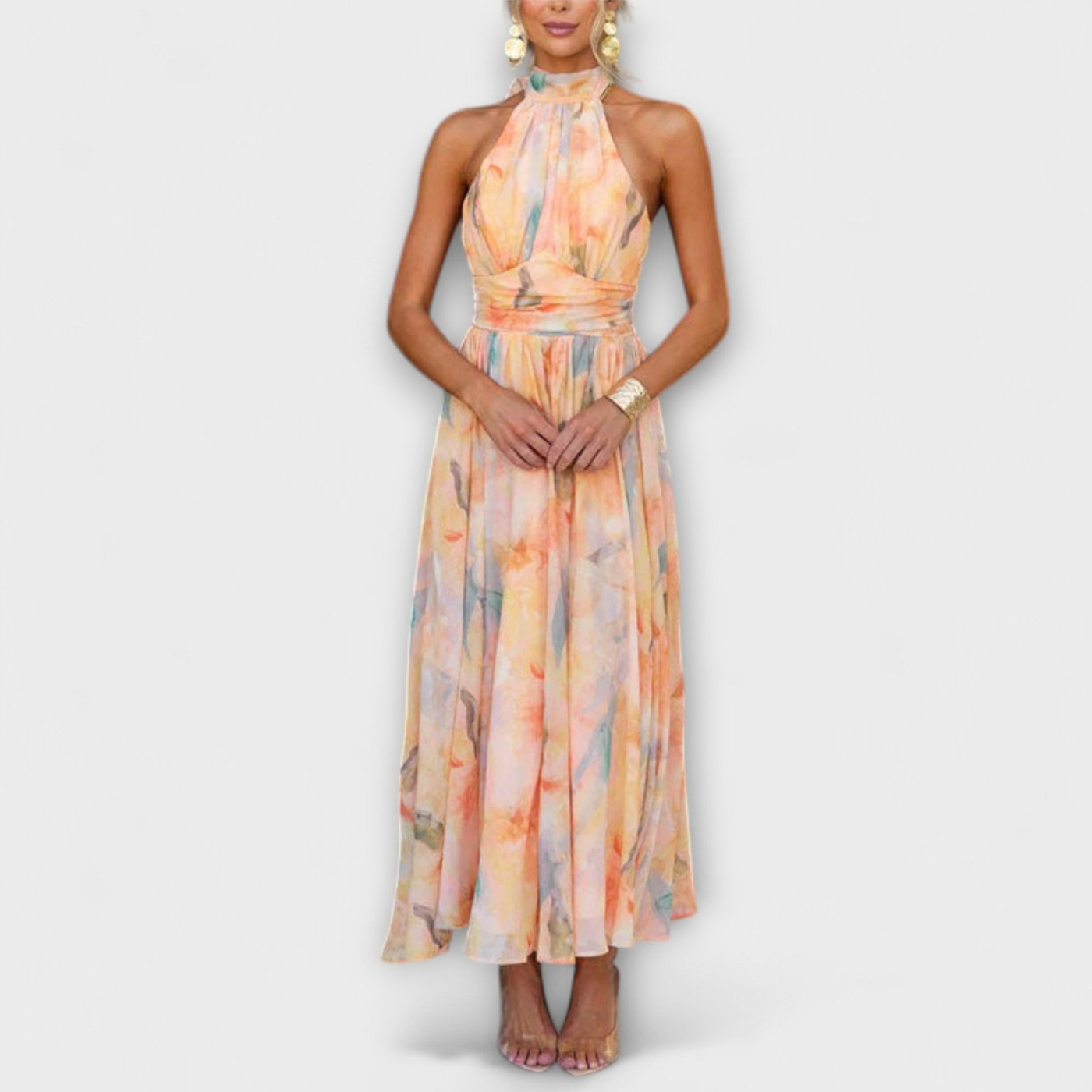 Coral | Elegant maxikjole i chiffon med halterneck